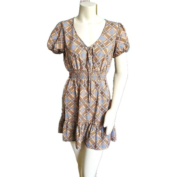 Bebop Plaid Prairie Ruffle Baby Doll Mini Dress Pullover Brown Blue Plaid Med Jr - Picture 1 of 10